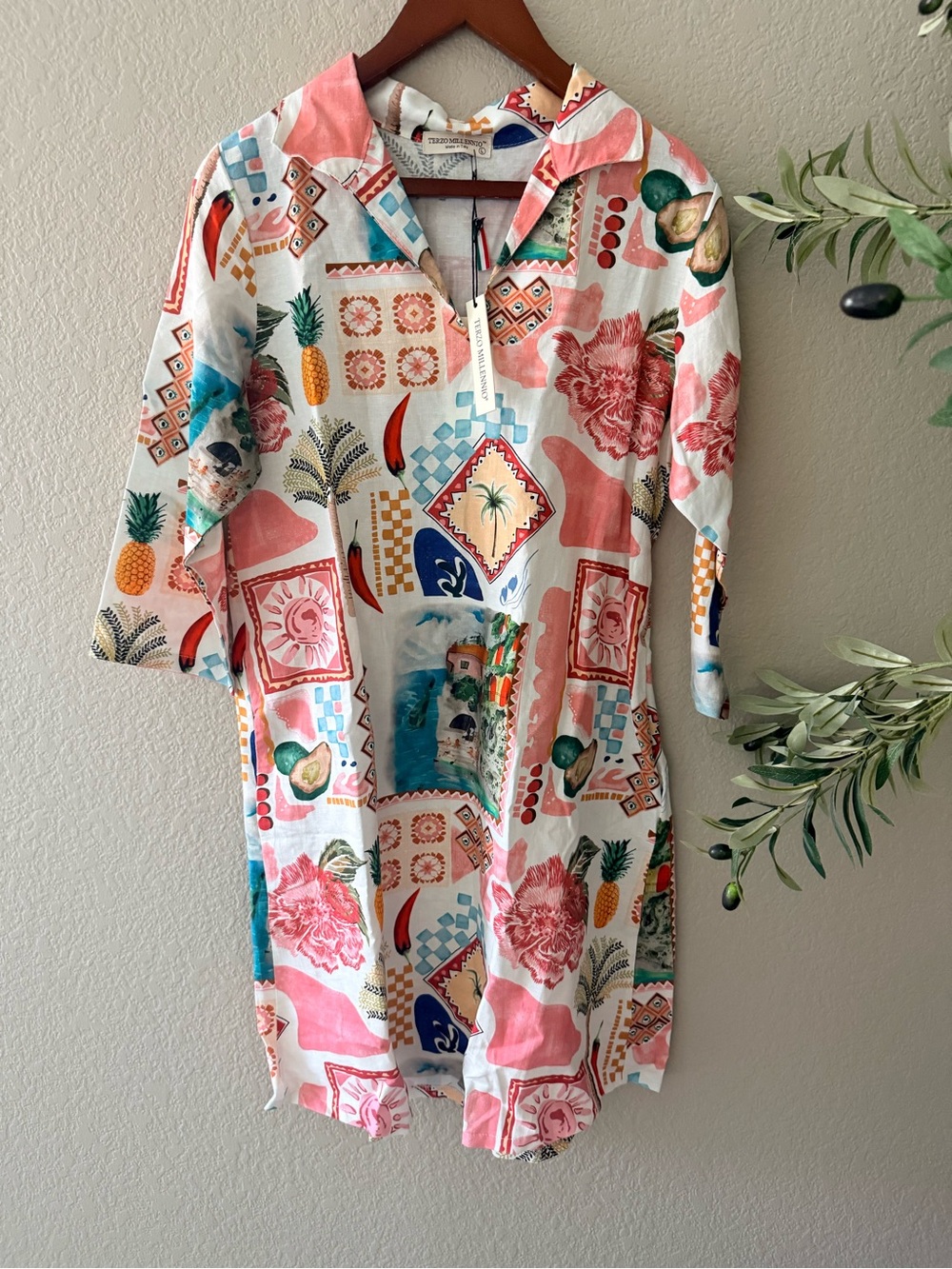 NWT Terzo Millennio  Made in Italy Linen Blend Printed Shirt Dress | L